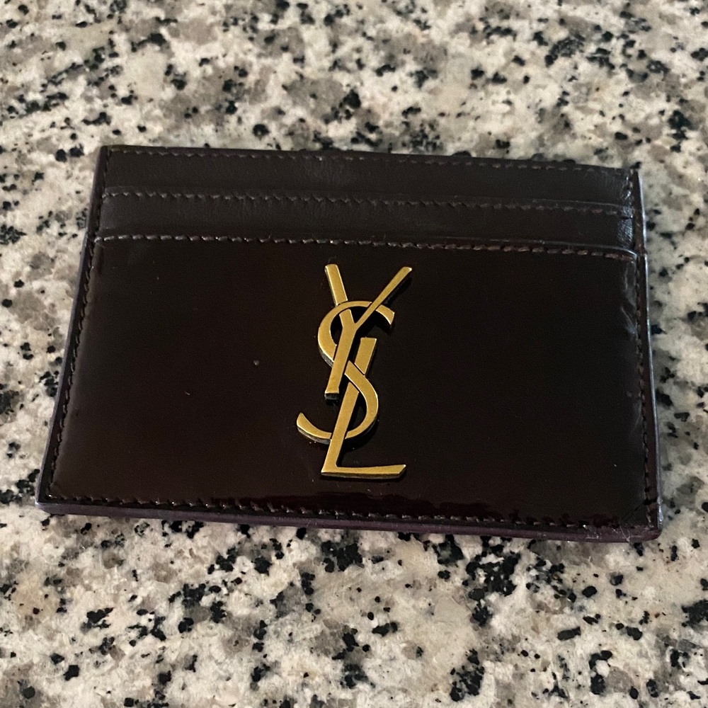 Yves Saint Laurent Dark Brown Card Holder with Gold Logo